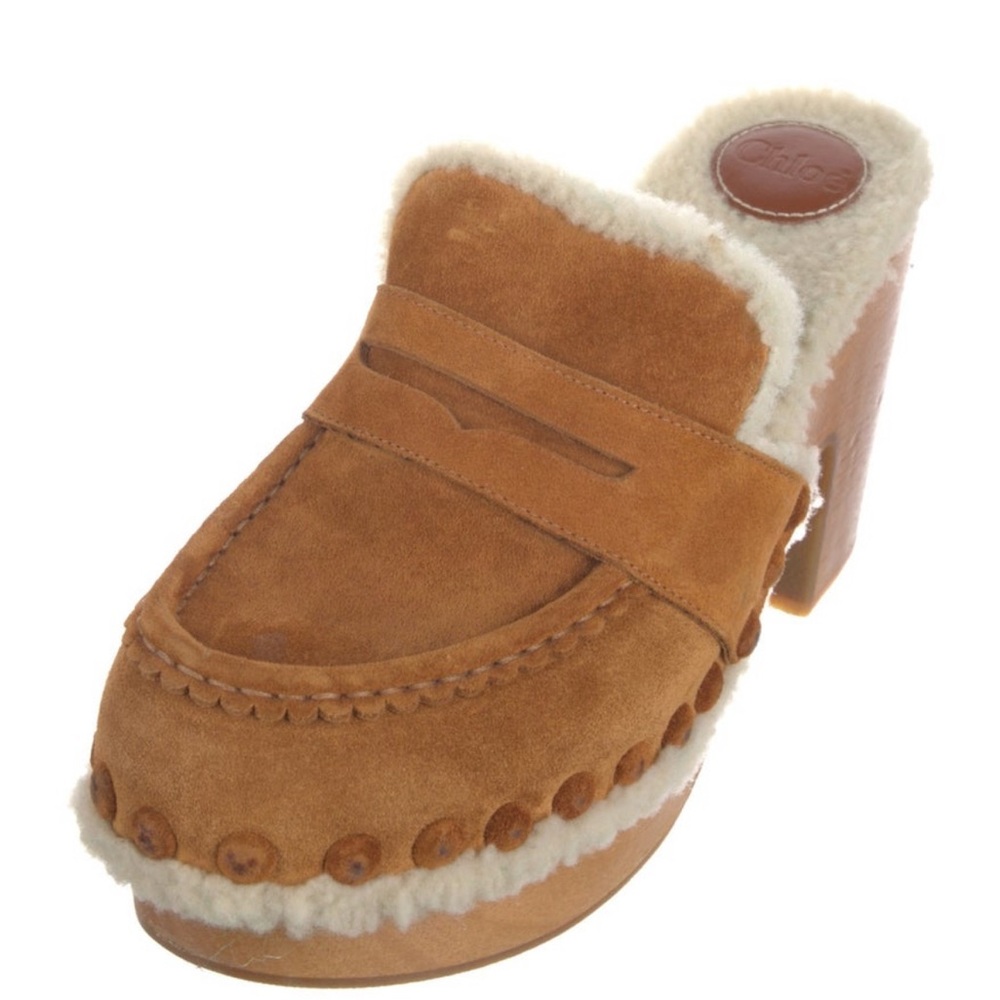 Chloe Tan Suede Shearling-Trim Clog Mules - Picture 2 of 5